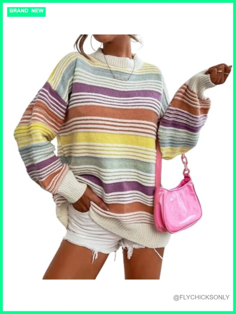 Oversized Contrast Striped Pullover Sweater Crew Neck Long Sleeve Knit Jumper